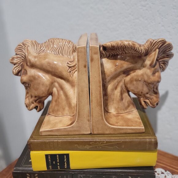 Vintage Set Of Ceramic Horse Head Bookends MCM Hobbyist Unsigned Equestrian West - Picture 7 of 13